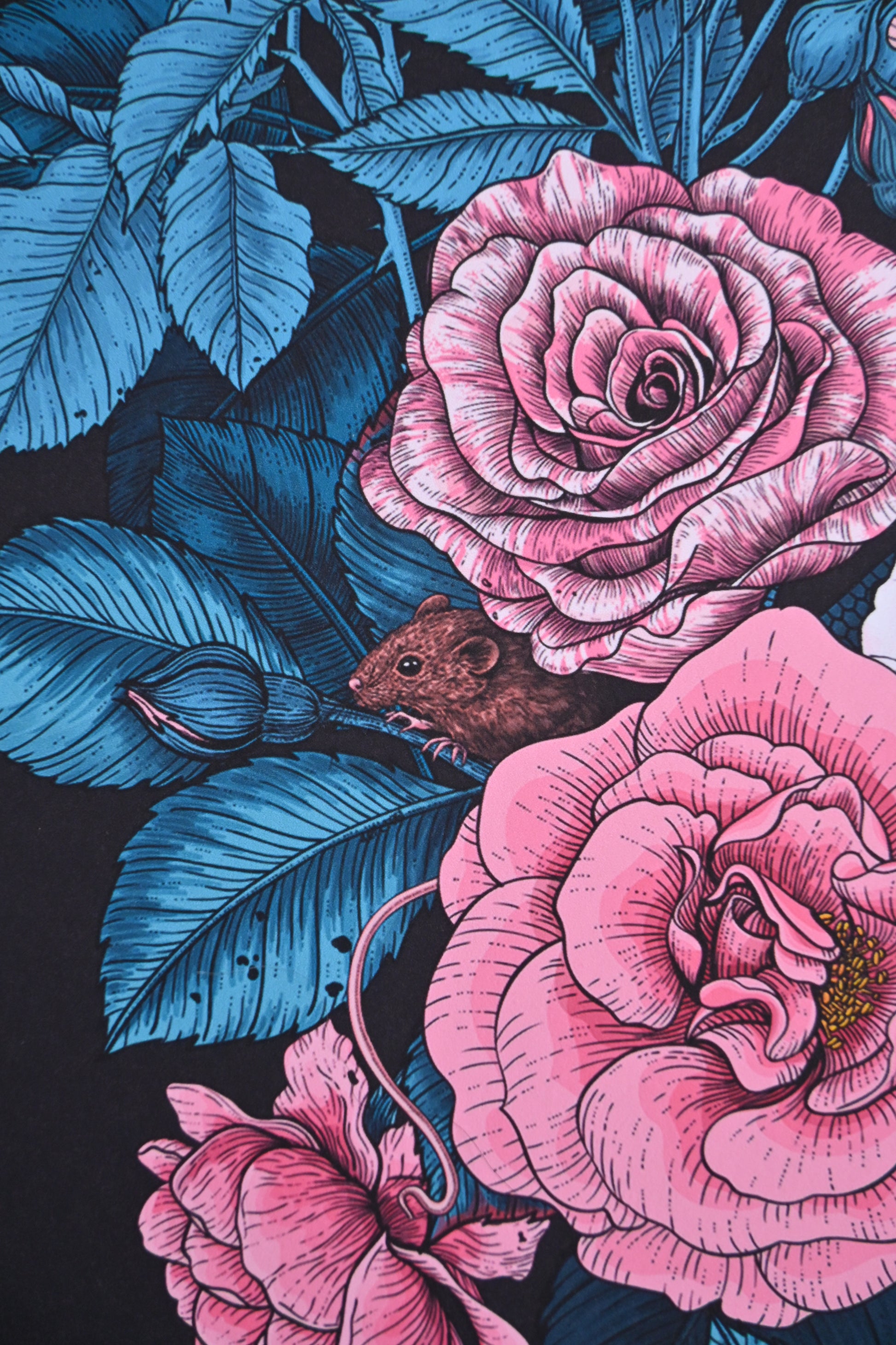 photo of a giclee print of Hidden in the roses illustration featuring, roses, snake and mice, close up