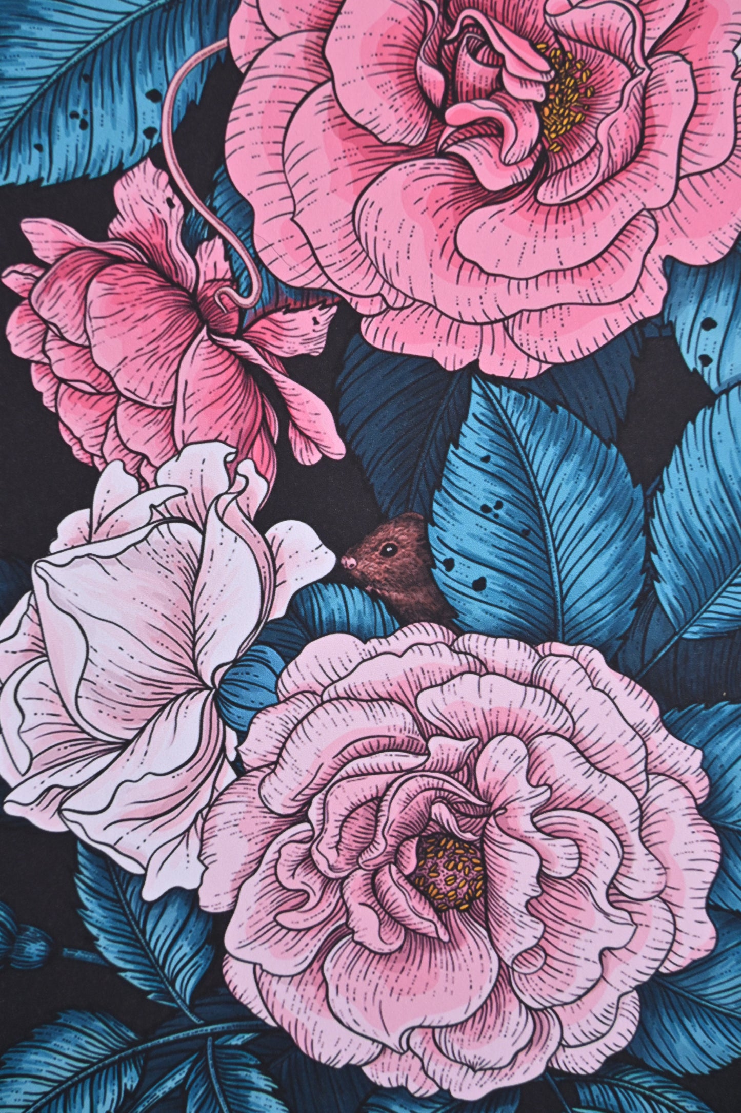 photo of a giclee print of Hidden in the roses illustration featuring, roses, snake and mice, close up