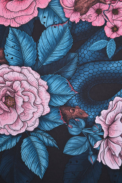 photo of a giclee print of Hidden in the roses illustration featuring, roses, snake and mice, close up