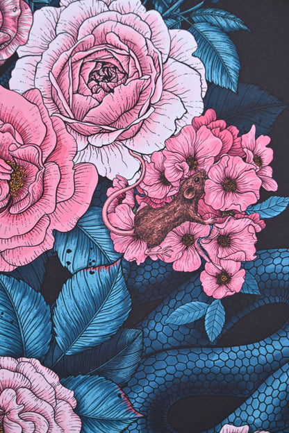 photo of a giclee print of Hidden in the roses illustration featuring, roses, snake and mice, close up