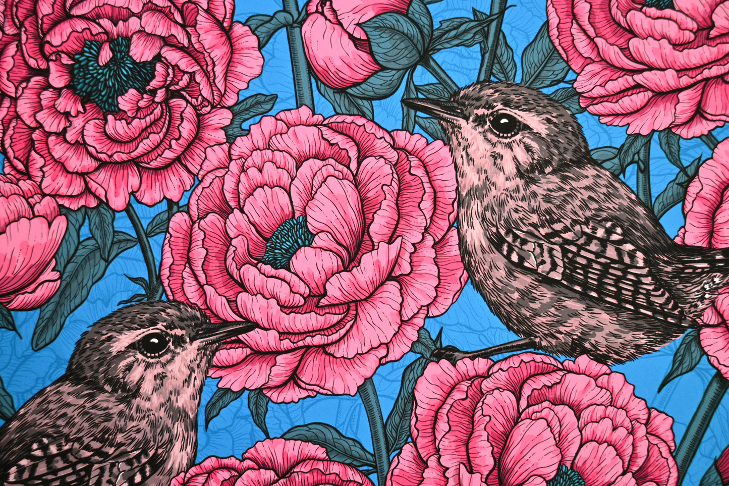 photo of Pink peonies and wrens Art Print, floral print, close up on birds