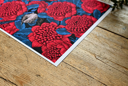 photo of a giclee print of Red waratah and fairy wrens , corner close up