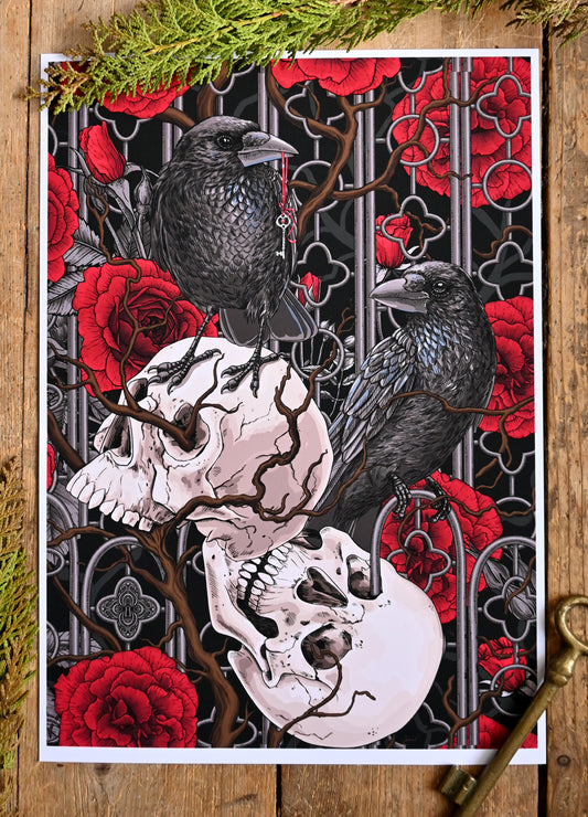 photo of a giclee print of Raven's Secret illustration featuring, roses, ravens and skulls