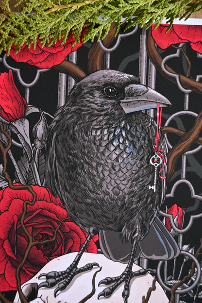 photo of a giclee print of Raven's Secret illustration featuring, roses, ravens and skulls, close up