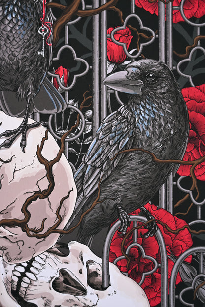 photo of a giclee print of Raven's Secret illustration featuring, roses, ravens and skulls, close up