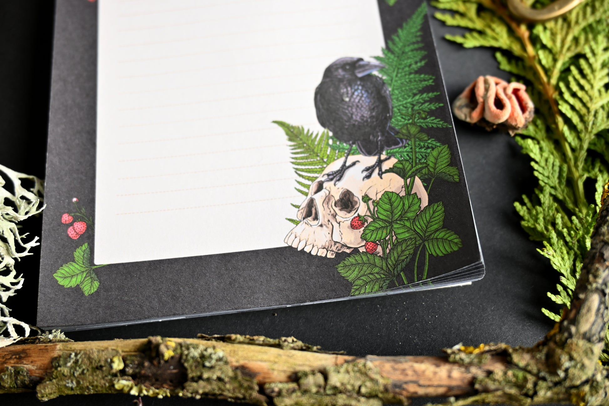 photo featuring a notepad illustrated with Raven and skull 