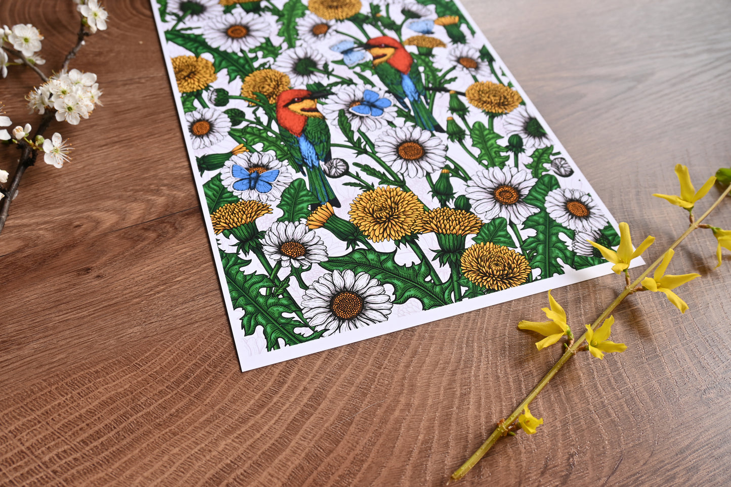 photo of a giclee print of Bee-eaters and wildflowers illustration featuring bee - eater birds, dandelions, daisies and common blue butterflies, close up