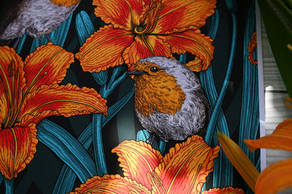 Photo of Robin birds and lily flowers art print, close up on the robin