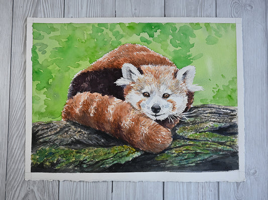 Painting of a red panda on a branch with a green background