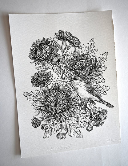 Black and white illustration of a bird among flowers on a white background