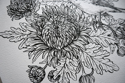 Black line drawing of a floral design on a textured white background