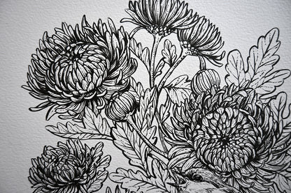 Black and white floral illustration on an white background