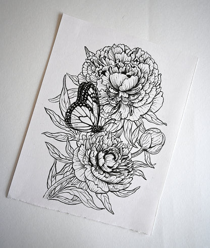 Black line art of flowers and a butterfly on white paper