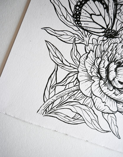 Black line drawing of a flower and butterfly on white paper