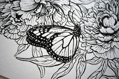Black and white line drawing of a butterfly on flowers