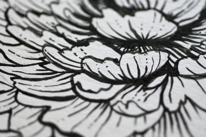 detail of the ink painting "Peonies and monarch butterfly" 