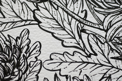 Close-up of a black and white floral painting
