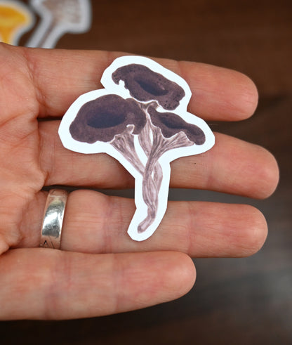 Hand holding a sticker of a mushroom with a blurred background