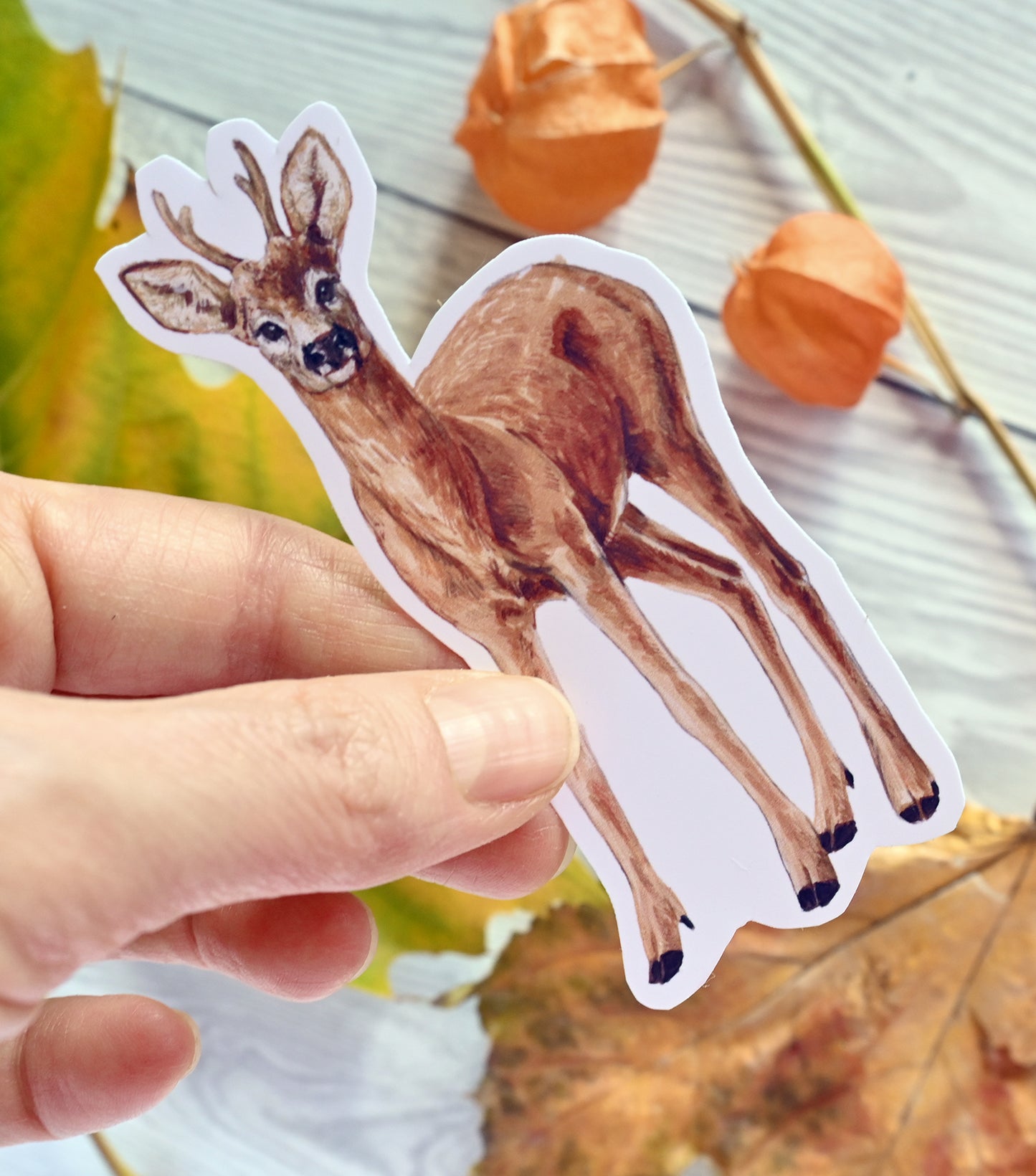 photo of a sticker with a deer illustration on a  background with autumn flora