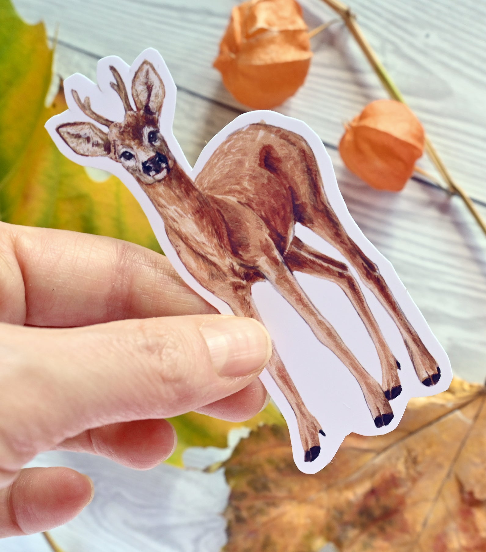 photo of a sticker with a deer illustration on a  background with autumn flora