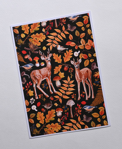 print of two deer among autumnal flora, mushrooms and birds on textured background