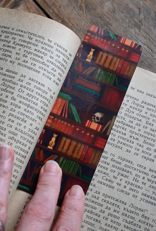bookmark featuring Dark academia design placed on open book 