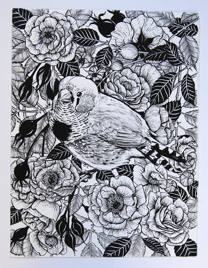 Black and white illustration of a bird among flowers and leaves on a white  background
