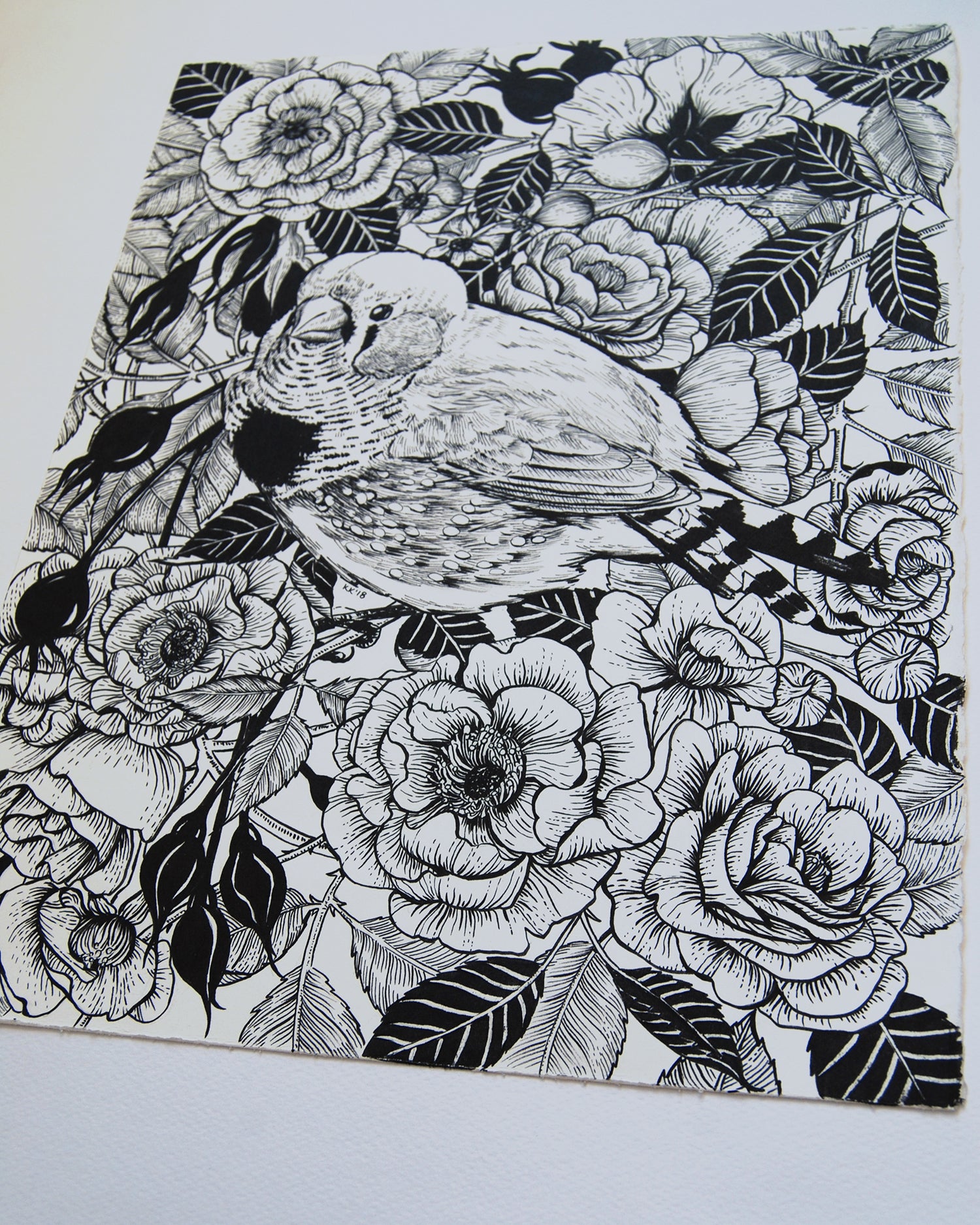 Black and white illustration of a bird among flowers on a white background