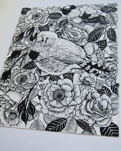Black and white illustration of a bird among flowers on a white background
