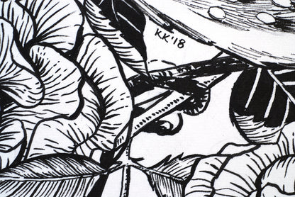 Black and white line art of leaves with a signature 'KK' '18' in the center.