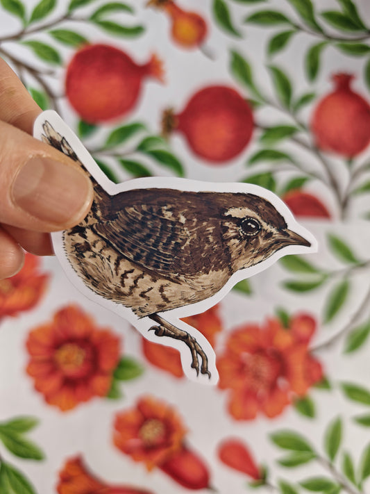 Photo of a sticker with wren bird illustration on a patterned background with red fruit and blooms