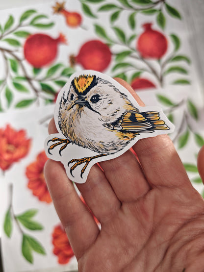 Photo of a sticker with goldcrest bird illustration on a patterned background with red fruit and blooms