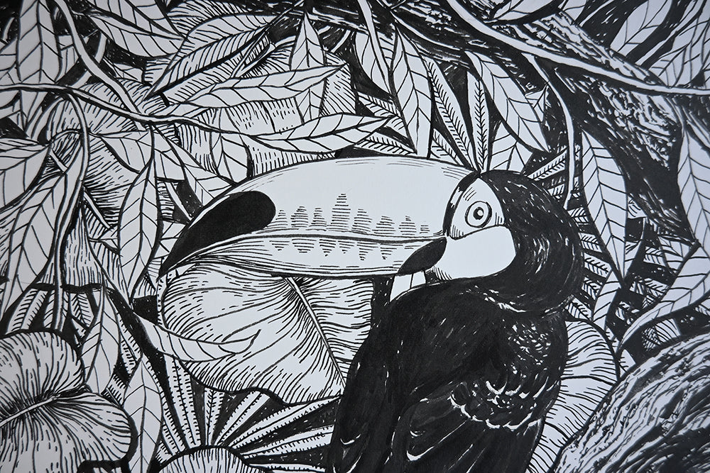 close up photo of a original painting of a toucan perching on dry wood in the jungle painted with black ink