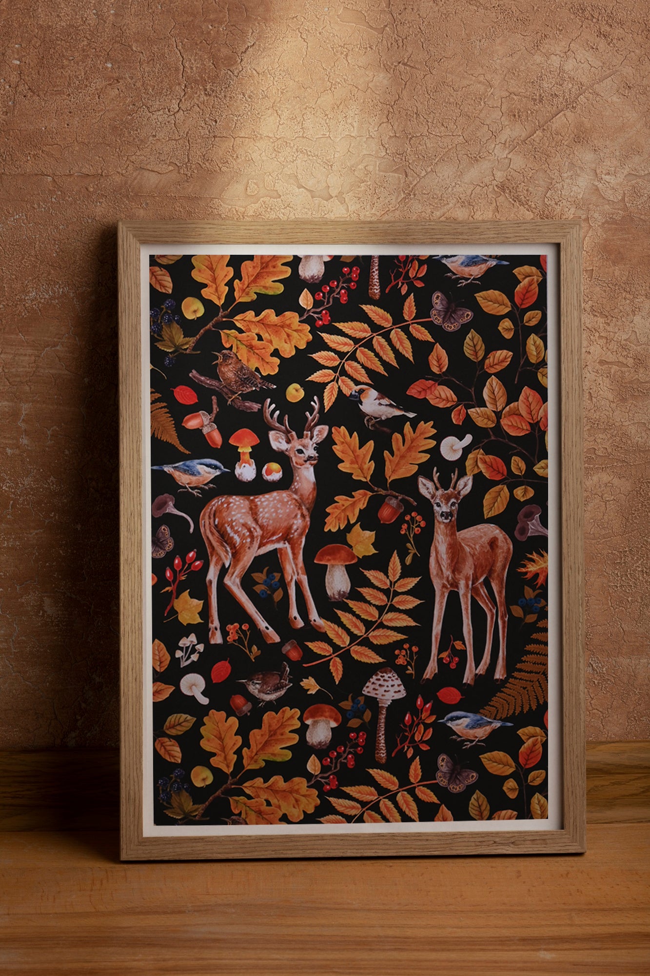 Framed print of two deer among autumnal flora, mushrooms and birds