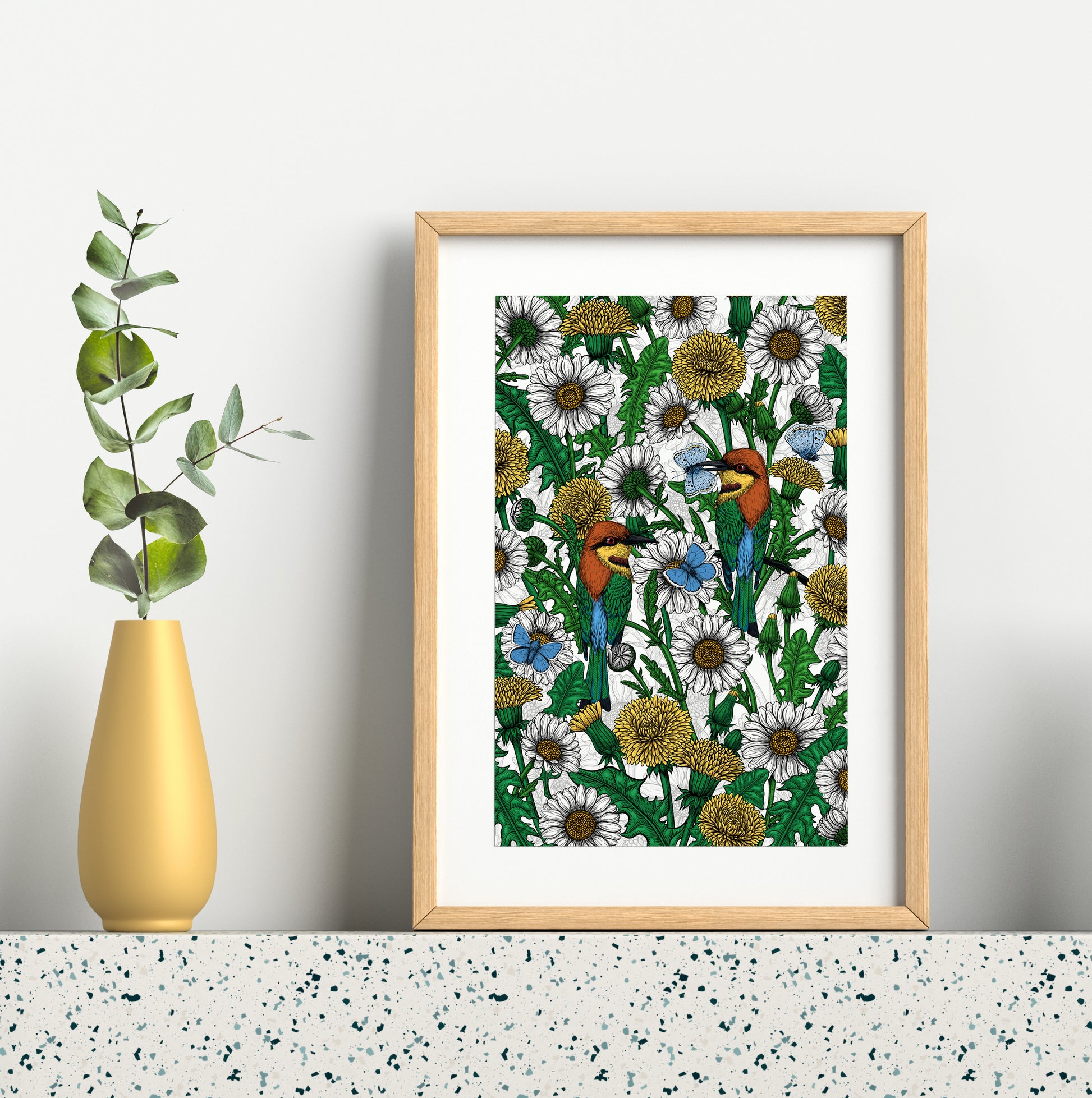 photo of a giclee print of Bee-eaters and wildflowers illustration featuring bee - eater birds, dandelions, daisies and common blue butterflies