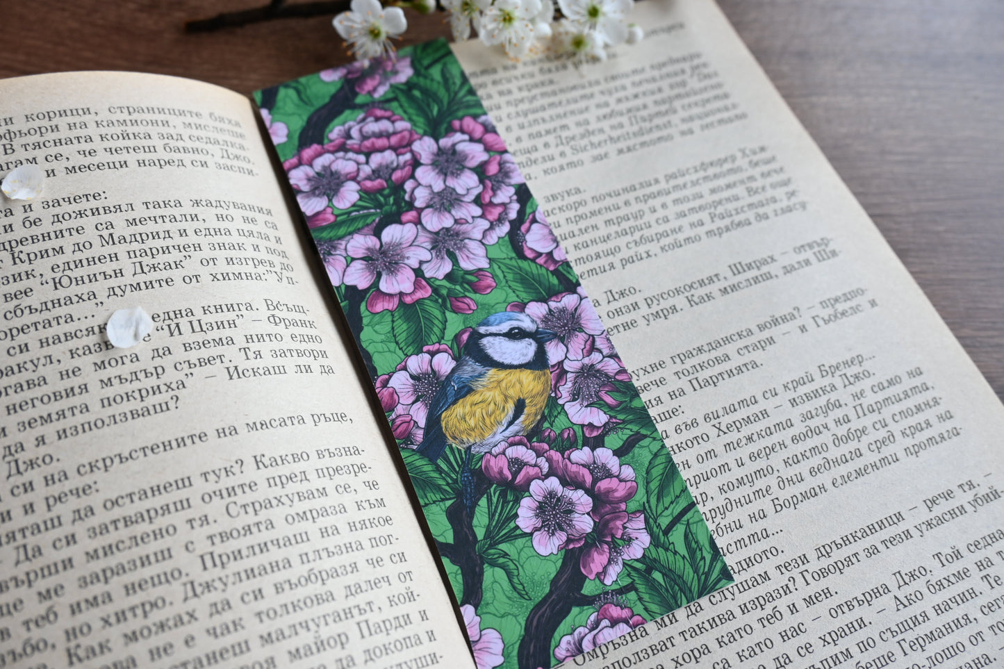 Cherry blossoms and birds pattern Bookmark - katerinamitkova