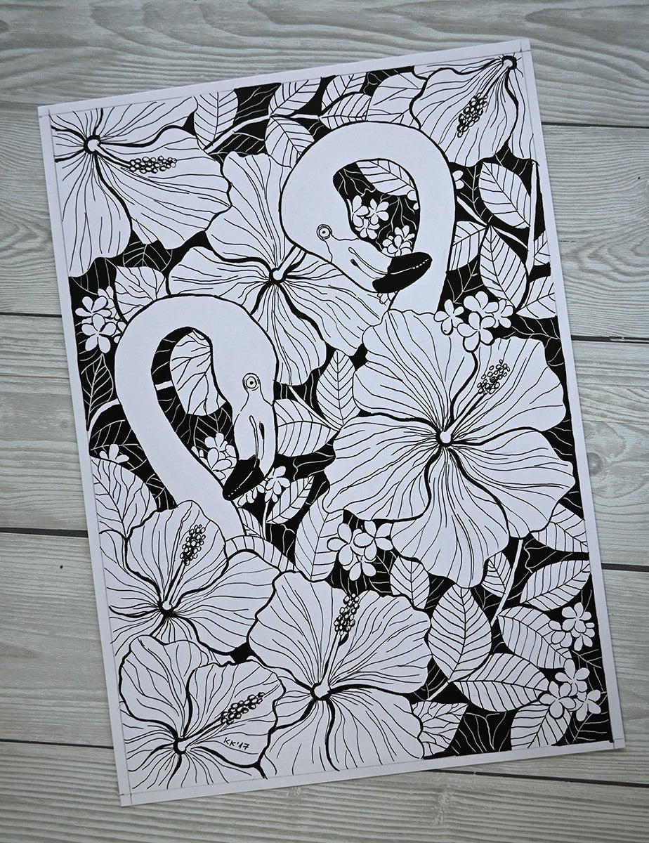 Flamingo garden, ink drawing - katerinamitkova