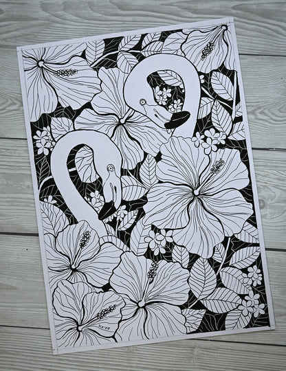 Flamingo garden, ink drawing - katerinamitkova