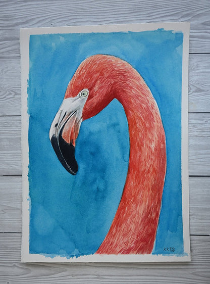 Flamingo portrait, original watercolor painting - katerinamitkova