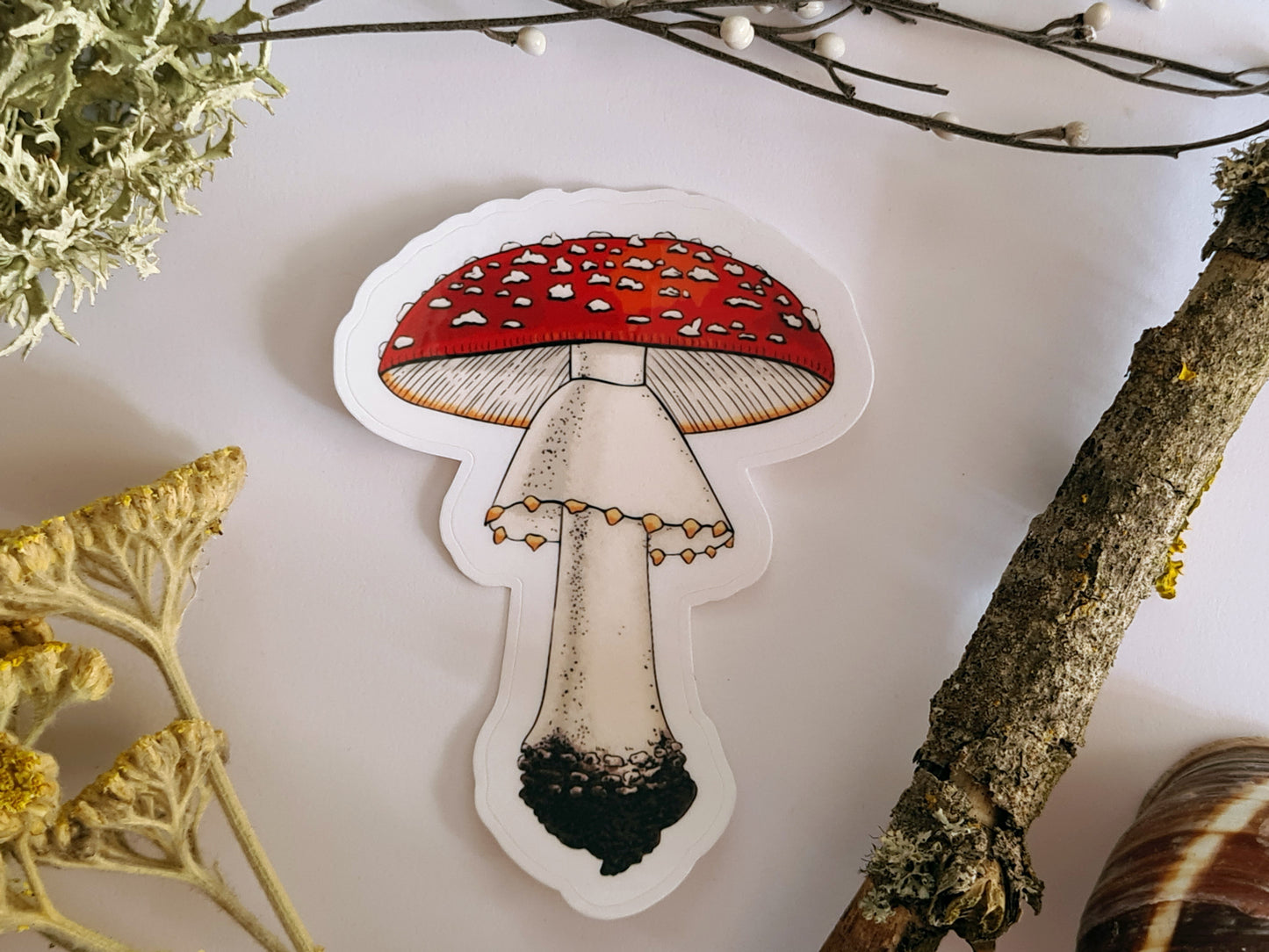 photo of a sticker featuring illustrated fly agaric mushroom