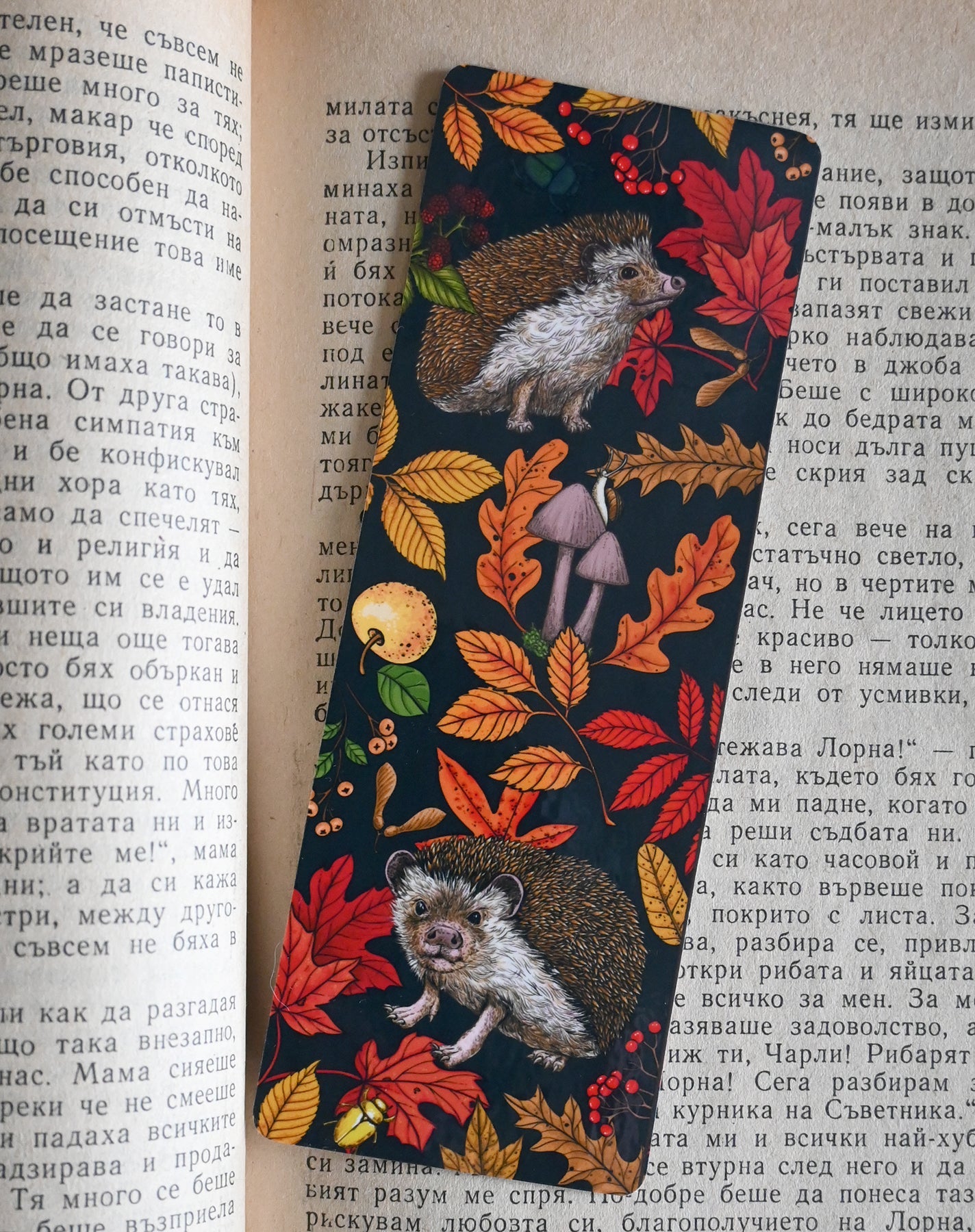 Hedgehogs and autumn flora bookmark - katerinamitkova