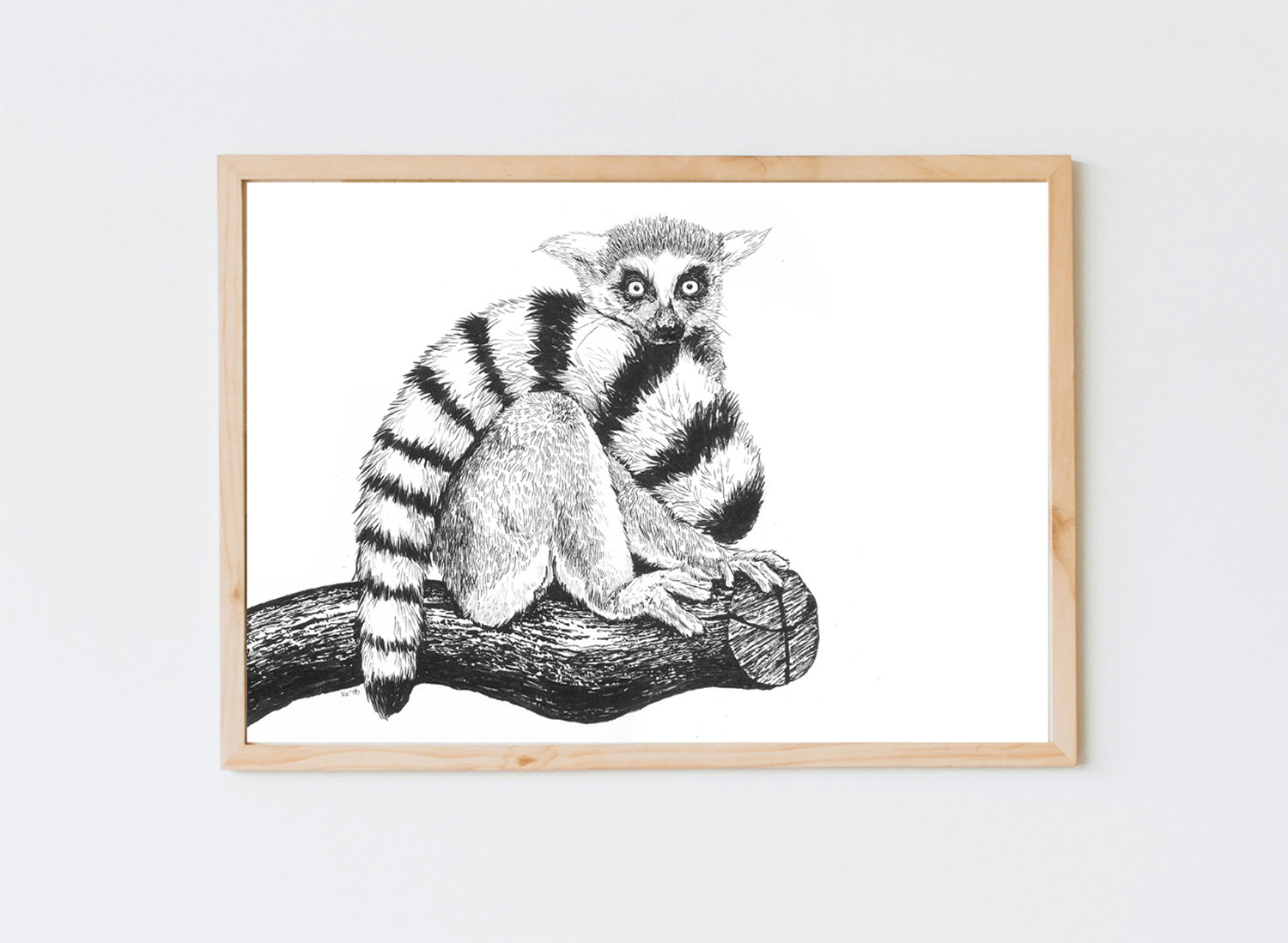 Framed illustration of a lemur on a branch against a white background