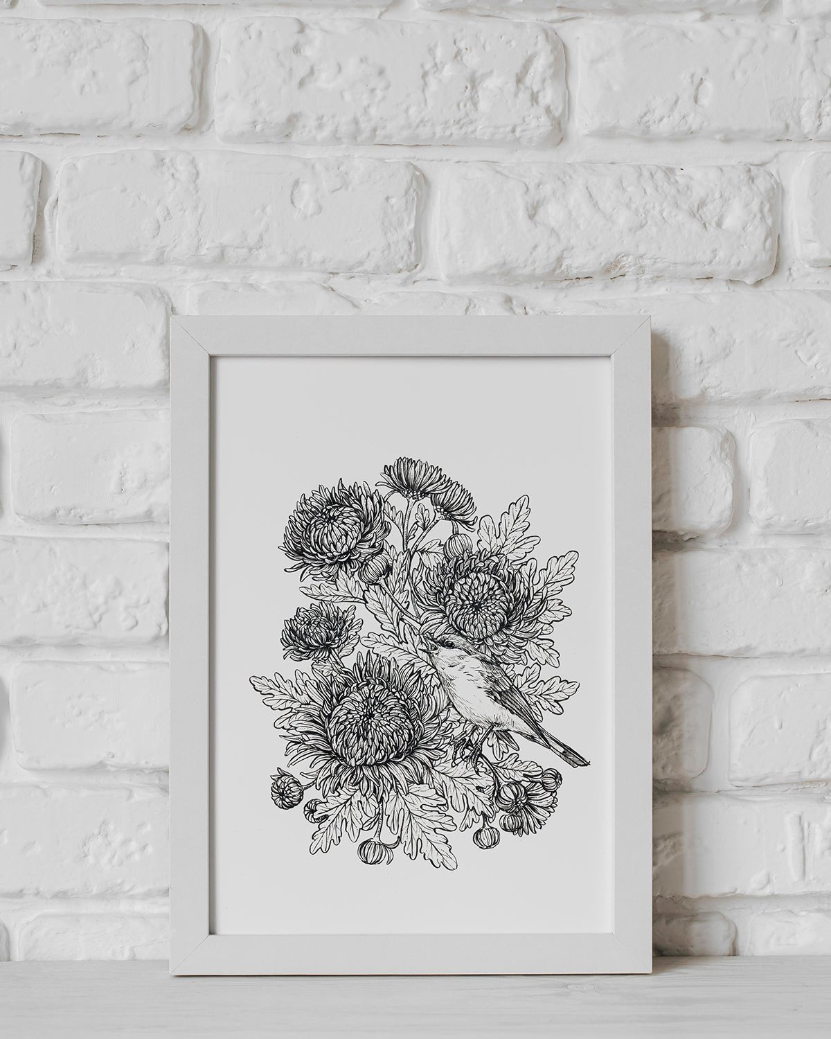 Mums and redstart ink drawing - katerinamitkova