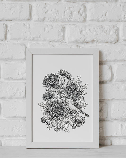 Mums and redstart ink drawing - katerinamitkova
