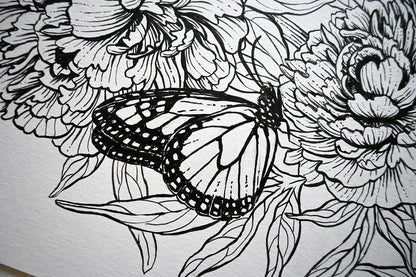Peonies and monarch butterfly ink drawing - katerinamitkova