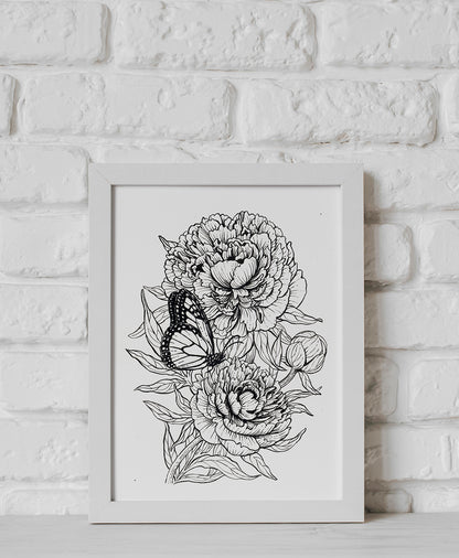 Peonies and monarch butterfly ink illustration in a white frame