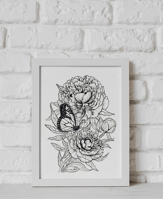 Peonies and monarch butterfly ink illustration in a white frame