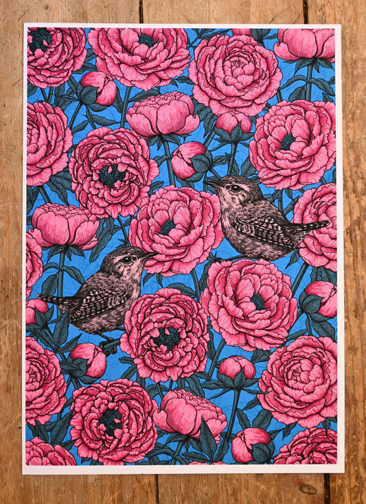 Pink peonies and wrens Art Print - katerinamitkova