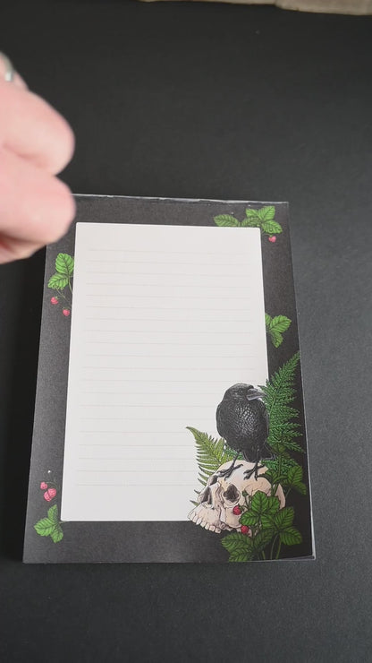 video featuring a notepad illustrated with Raven and skull 