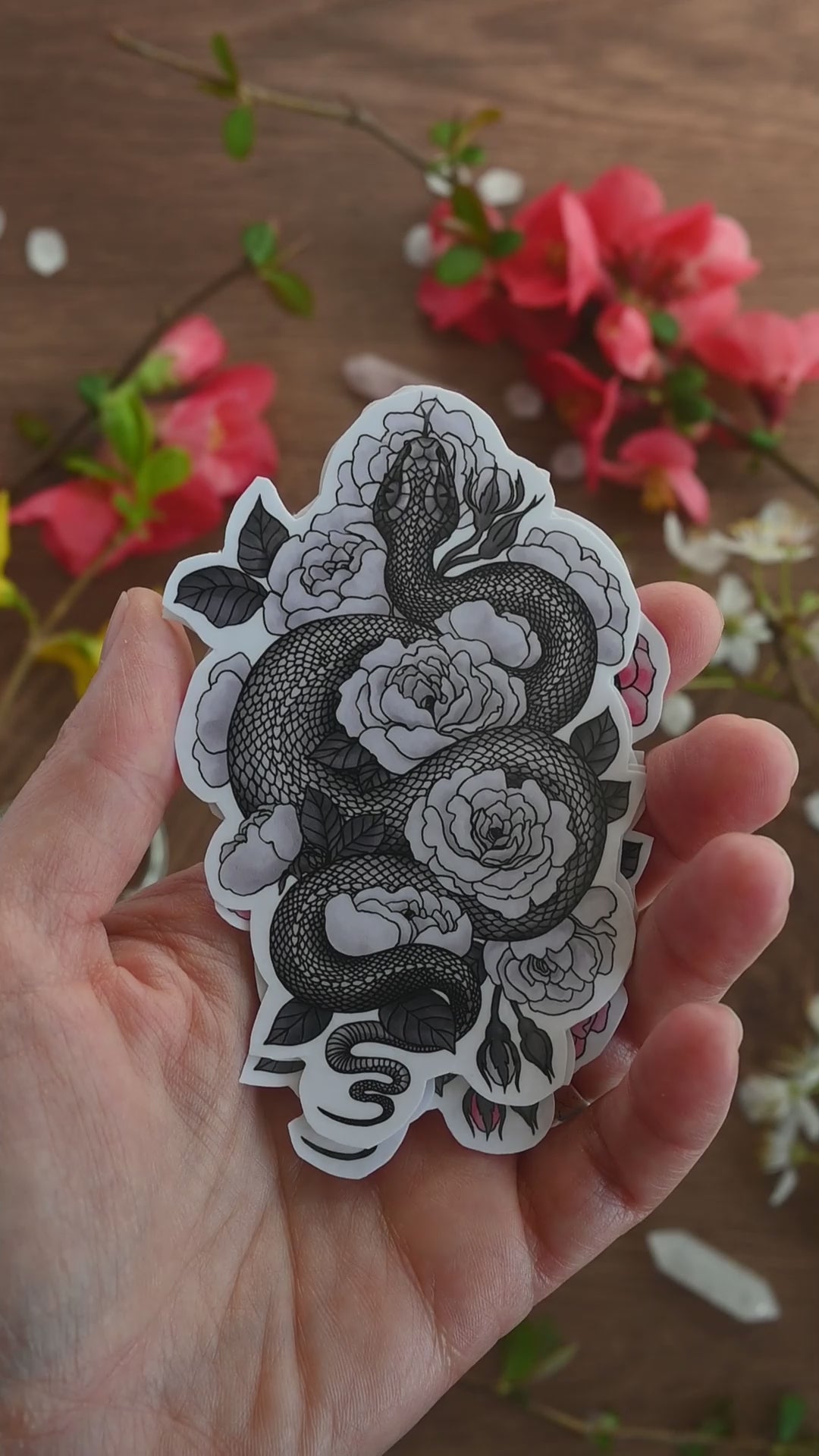 video showing of laminated paper stickers featuring illustration of a snake among rose flowers in 4 colorways